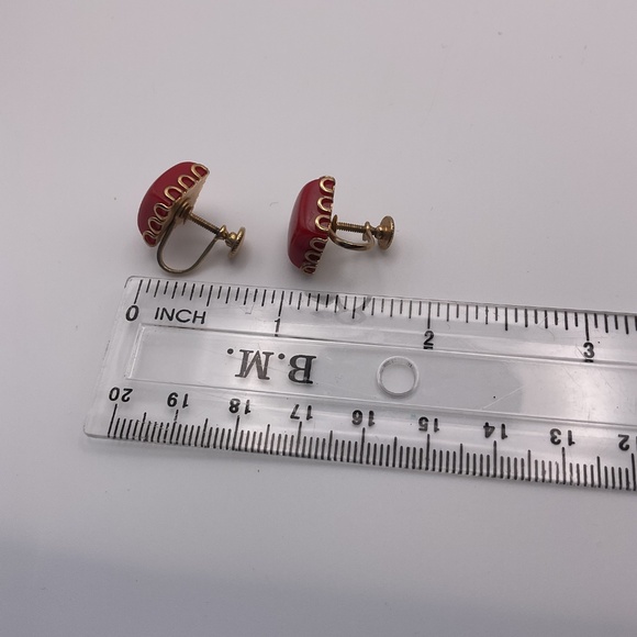 Vintage Gold Tone Delsa Screw Back Earrings with Red Lucite Bead - Picture 3 of 4